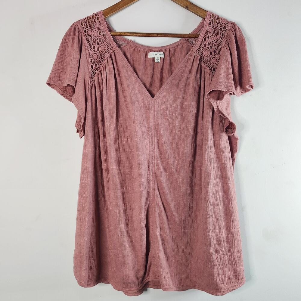 Max Studio Womens Dusty Rose Crochet Short Sleeve Blouse Size 2X Flowy Peasant